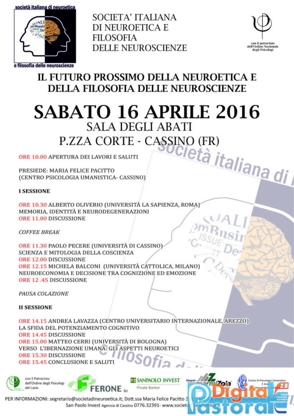 Secondo Convegno di Neuroetica a Cassino: 16 aprile: “Il futuro prossimo della Neuroetica e della Filosofia delle Neuroscienze”